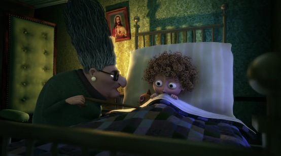 Granny O'Grimm checks to see if her granddaughter is asleep.