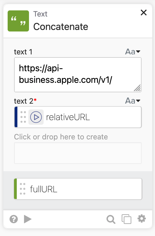Screenshot of a concatenation action in Okta Workflows, showing text input fields for constructing a full URL using a base URL and a relative URL.