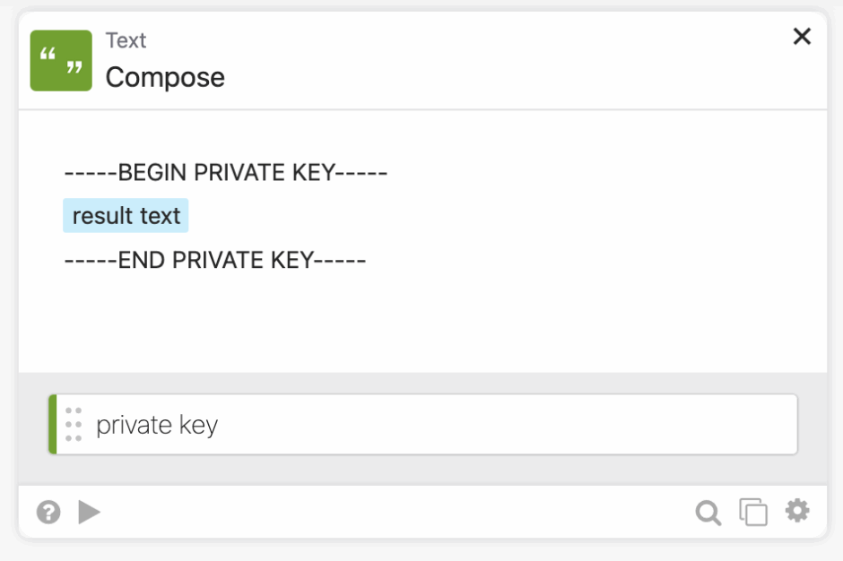 A text interface displaying a 'Compose' element with a private key format, including 'BEGIN PRIVATE KEY' and 'END PRIVATE KEY' headers.