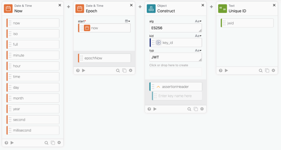 Flow setup in Okta Workflows for generating JWT header elements including date and unique ID.