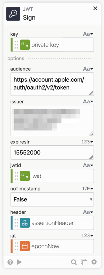 JWT Sign card interface in Okta Workflows with fields for private key, audience, issuer, expiration, JWT ID, timestamp options, and assertion header.