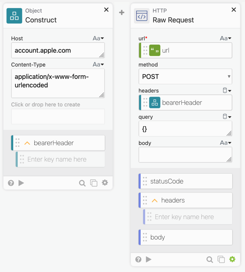 Interface showing settings for a raw HTTP request in Okta Workflows, including fields for URL, method, headers, query, and body.
