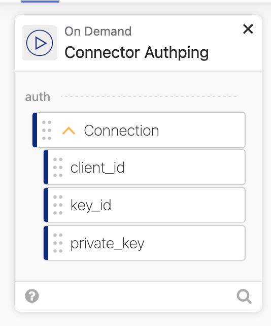 User interface for Connector Authping showing authentication parameters including client_id, key_id, and private_key.