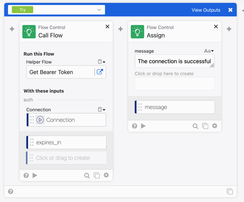Screenshot of Okta Workflows displaying the 'Call Flow' card for 'Get Bearer Token' with input fields for 'Connection' and 'expires_in', and an 'Assign' card indicating successful connection.