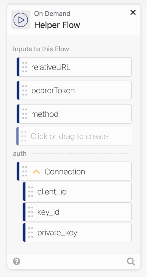 User interface of a helper flow in Okta Workflows showing input fields for relative URL, bearer token, and method, along with authentication parameters like client ID and private key.