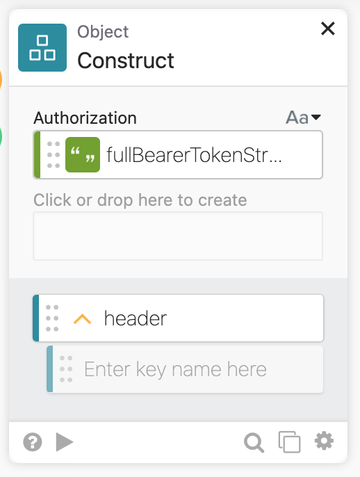 Okta Workflows interface showing the 'Construct' object with authorization input and header field.