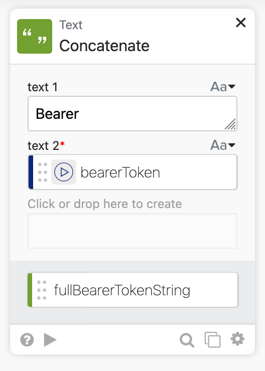 Okta Workflows interface showing a concatenate action to create a bearer token string.