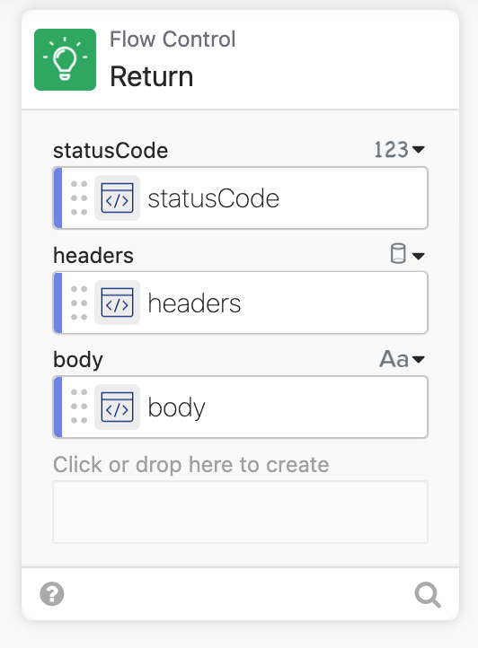 User interface of a flow control return card in a workflow automation tool, displaying fields for status code, headers, and body.