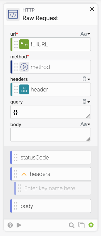 A screenshot of the HTTP Raw Request settings in Okta Workflows, showing fields for URL, method, headers, query, and body.