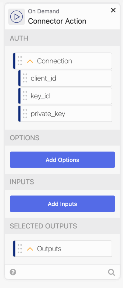 A user interface for a connector action in Okta Workflows showing authentication parameters such as client_id, key_id, and private_key, along with options, inputs, and selected outputs.